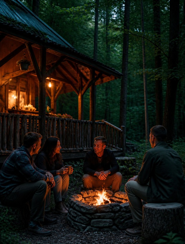 Prieteni lângă foc, în fața unei cabane din pădure
