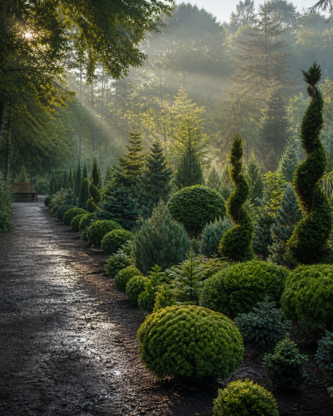 Conifere și plante decorative în lumina dimineții