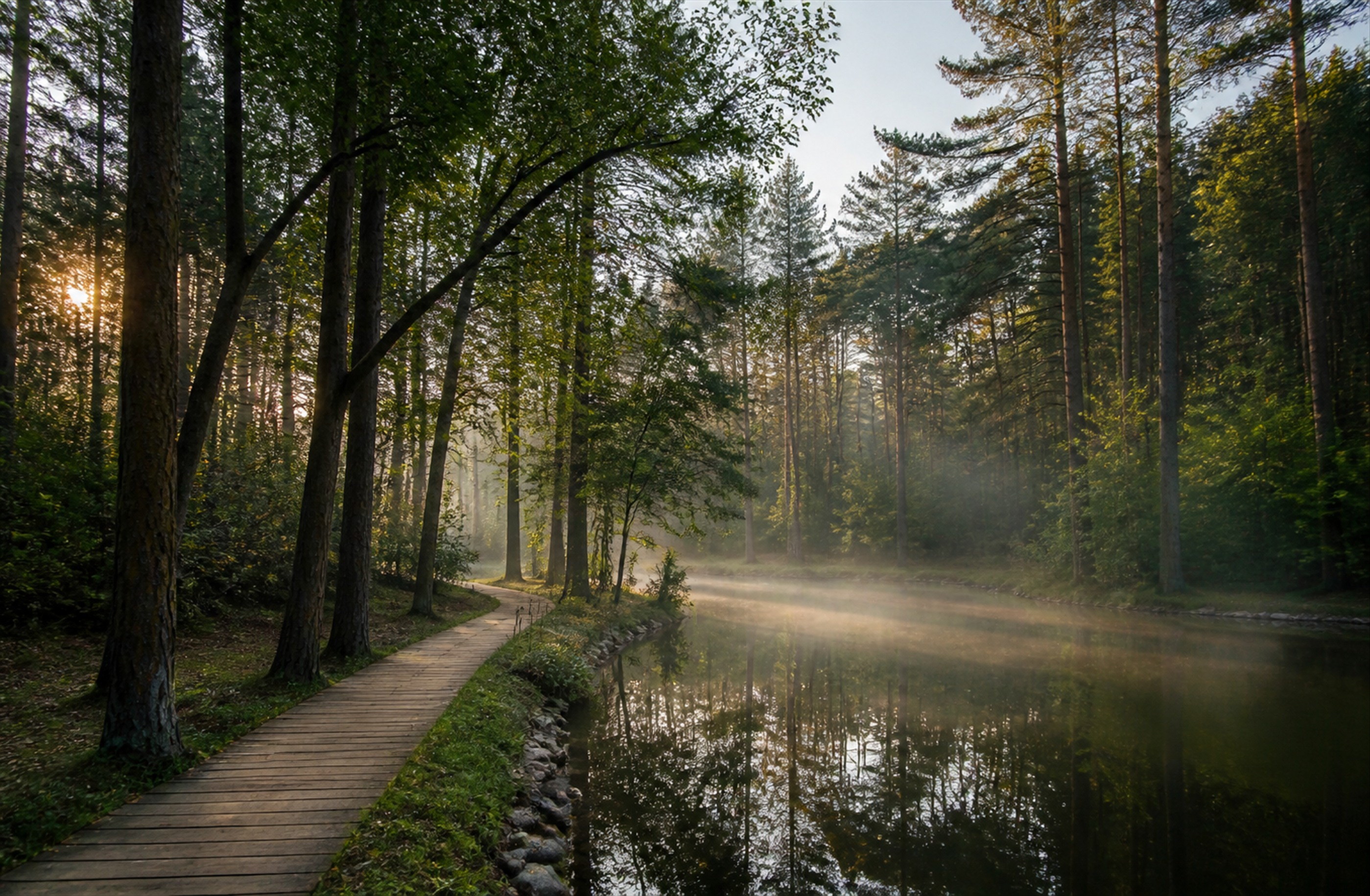 Pădure de conifere și luciu de apă în ceața dimineții